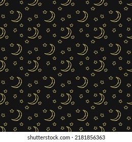 Cosmos background. Seamless pattern with moon sickle and stars