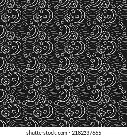 Cosmos background. Seamless pattern with moon sickle, comet and stars