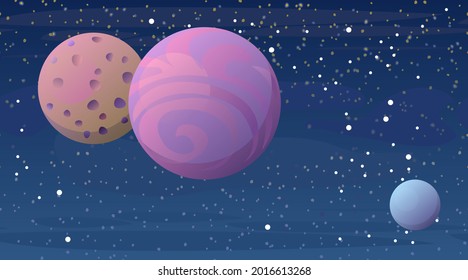 Cosmos background. Seamless. Planets and their satellites. Starry sky landscape. Dark colors. Flat style. Cartoon design. Vector