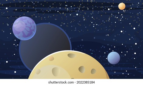 Cosmos background. Seamless. Planets and their satellites. Starry sky landscape. Dark colors. Flat style. Cartoon design. Vector