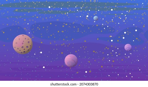 Cosmos background. Seamless. Planets and their satellites. Starry sky landscape. Dark colors. Flat style. Cartoon design. Vector.