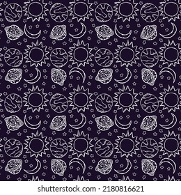 Cosmos background. Seamless space pattern. Doodle vector space illustration with planets, stars, moon, sun
