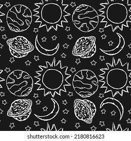Cosmos background. Seamless space pattern. Doodle vector space illustration with planets, stars, moon, sun