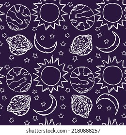 Cosmos background. Seamless space pattern. Doodle vector space illustration with planets, stars, moon, sun