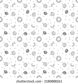 Cosmos background. Seamless space pattern. Doodle vector space illustration with planets, stars, moon, sun