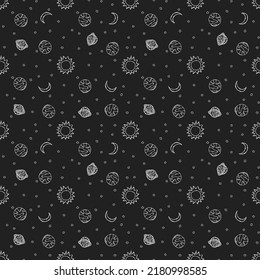 Fondo Cosmos. Patrón de espacio sin foco. Ilustración del espacio vectorial Doodle con planetas, estrellas, luna, sol