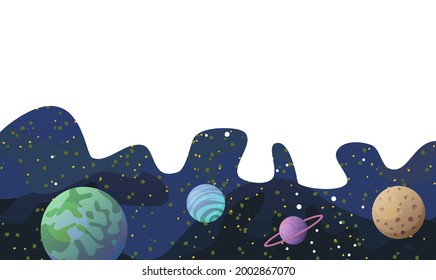 Cosmos background. Starry sky landscape. Bottom frame. Planets and their satellites. Flat style. Cartoon design. Vector