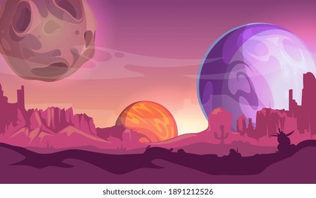 Cosmos background. Universe, view from another planets. Cartoon space, magic world vector illustration