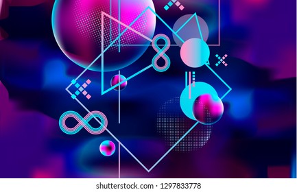Cosmos banner with neon light 3d objects and glowing tracks. Abstract universe with big blue