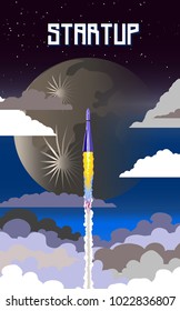 Cosmos banner with rocket and slogan "startup". Vector illustration.