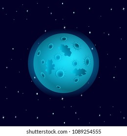 Cosmos. Blue planet with craters, with stars in the background, like the moon. 3D isometric vector illustration.