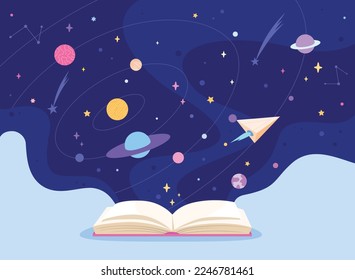 Cosmos book imagination. Storybook night universe children science astronomy learning or magic space fairytale earth planet and alien ship, fantasy textbook vector illustration of space imagination