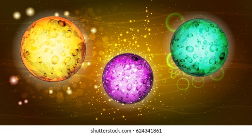 Cosmos bright. Wallpaper for your design. The texture is beautiful. Three planets: yellow purple and green