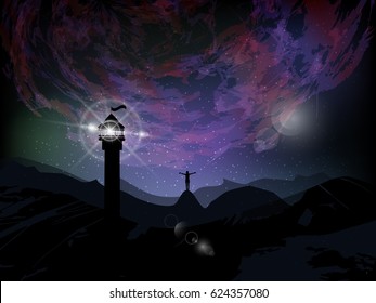 Cosmos bright. Wallpaper for your design. Silhouetted mountains and a beacon - a signal. Sky above the head. Unreal landscape