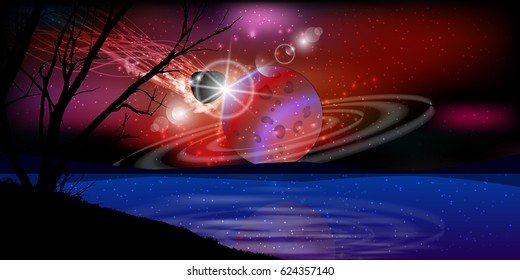 Cosmos bright. Wallpaper for your design. The texture is beautiful. Space unearthly landscape. Beautiful, bright, unforgettable. Scarlet sky and planets. Sunrise. Jupiter ring planet