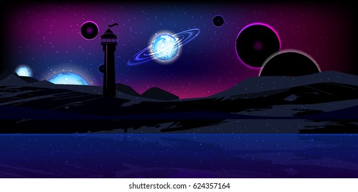 Cosmos bright. Wallpaper for your design. The texture is beautiful. Extraterrestrial space landscape, many planets and water. Beacon signal from a distant galaxy