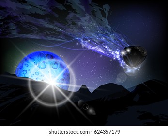 Cosmos bright. Wallpaper for your design. The texture is beautiful. Meteorite is a danger and a blue planet. The threat passed by. Close and close