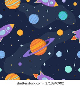 Cosmos and cartoon space vector seamless pattern. Cosmic background with planets, stars, galaxy, rockets. Astronomy and universe educational wallpaper for children.