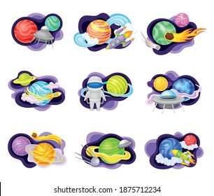 Cosmos with Celestial Body and Flying Spaceship on Fluid Purple Shape Vector Composition Set