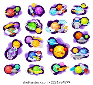 Cosmos with Celestial Body and Flying Spaceship on Fluid Purple Shape Vector Composition Set