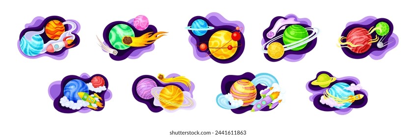 Cosmos with Celestial Body and Flying Spaceship on Fluid Purple Shape Vector Composition Set