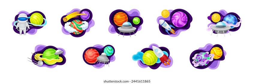 Cosmos with Celestial Body and Flying Spaceship on Fluid Purple Shape Vector Composition Set