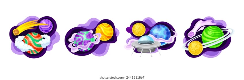 Cosmos with Celestial Body and Flying Spaceship on Fluid Purple Shape Vector Composition Set