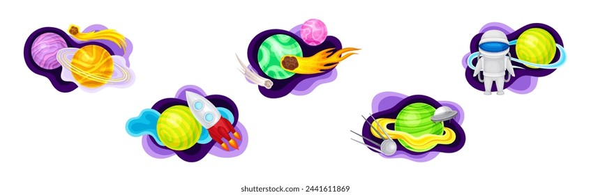 Cosmos with Celestial Body and Flying Spaceship on Fluid Purple Shape Vector Composition Set