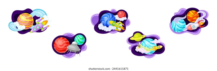 Cosmos with Celestial Body and Flying Spaceship on Fluid Purple Shape Vector Composition Set