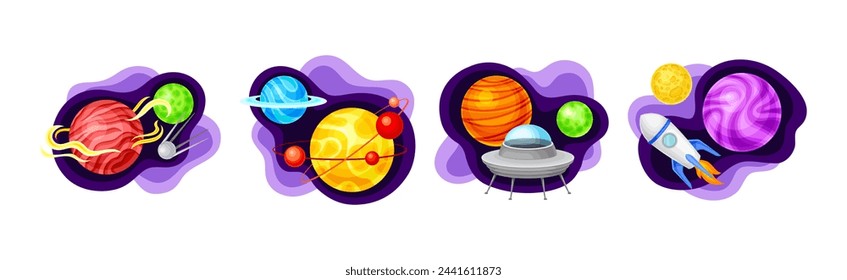 Cosmos with Celestial Body and Flying Spaceship on Fluid Purple Shape Vector Composition Set