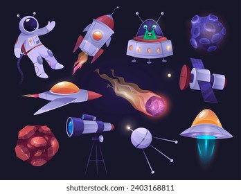 Cosmos characters and spacecrafts, isolated astronaut in costume floating in space. Vector ufo, saucer with alien, meteor with fire and comet, telescope and satellite, galaxy exploration