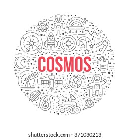 Cosmos clipart element - a lot of different space and universe elements arranged in a circle with cosmos sign. Vector line art for book cover, t-shirt, flyer or banner,