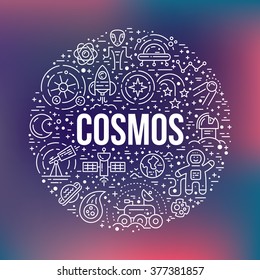 Cosmos clipart element - a lot of different space and universe elements arranged in a circle with cosmos sign. Vector line art for book cover, t-shirt, flyer or banner,