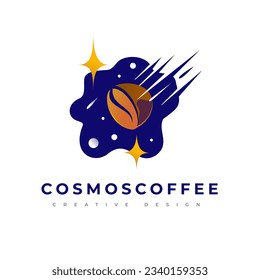 Cosmos Coffee Logo. Coffee bean as flying comet encircle by planets, stars in outer space. Sign for company's brand, cafe and coffee shop