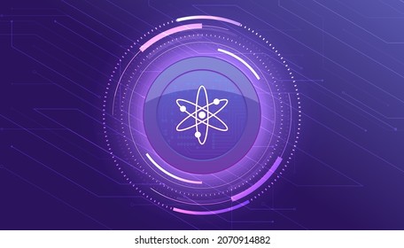 Cosmos coin banner. ATOM coin cryptocurrency concept banner background.