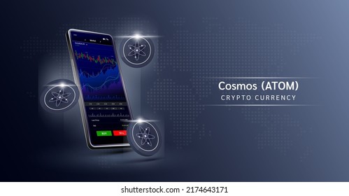 Cosmos coin and Phone. App for trading crypto currency on the touch screen smartphone. Data analytics stock market. Mobile banking cryptocurrency. Vector 3d. 