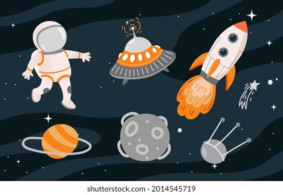 Cosmos collection concept. Astronaut, rocket, planet, meteorite in starry sky. Colorful stickers, design elements. Cartoon modern flat vector set isolated on abstract background in form of galaxy