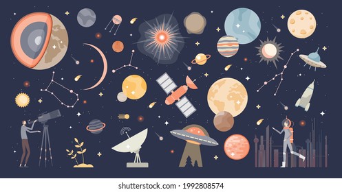 Cosmos collection set and space with stars and galaxies tiny person concept. Astronomy and astrology theme items list with planets, earth, universe and sky research spaceships vector illustration.