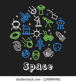 Cosmos and cosmic objects space neon outline icons vector satellite and telescope UFO and spaceship rover and planet asteroid and alien spaceman and constellation spacecraft and meteor sun and stars.