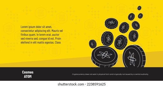 Cosmos Crypto currency ATOM coin Banner illustration. Global digital currency Atom coins falling or floating flat vector design in yellow background. Lorem ipsum text and copy space.