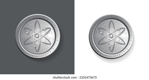 Cosmos Crypto Currency (ATOM) Logo Coin Vector Illustration. Isolated Icon Set On Dark And White Background, Can Be Used As Sticker, Badge, Emblem, Symbol And Graphic Token