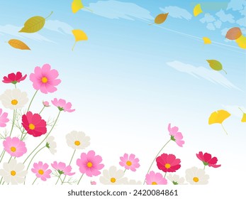 Cosmos and dancing fallen leaves frame background