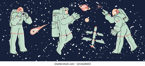 Cosmos design background. Cute template with astronaut, spaceship, moon,comet, stars in outer space. Vector illustration