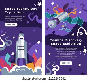 Cosmos discovery space exhibition, technology exposition in museum. Satellite and spacecraft or launching rocket, stars and celestial bodies and planets and astronauts. Website page. Vector in flat 