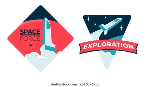 Cosmos discovery, space force and exploration, Isolated icons with rocket and celestial bodies flying in sky. Celestial bodies examination and reaching stars, illumination. Vector in flat style