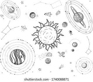 Cosmos doodle set. Vector illustration isolated on white background. Isolated line art. Hand drawn.