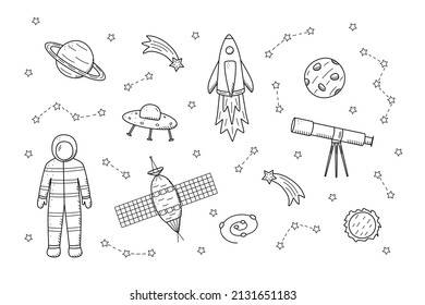 El doodle Cosmos es un conjunto de ilustraciones vectoriales. Iconos de elementos espaciales cohetes estrellas de cosmonauta telescopio satélite cometa.