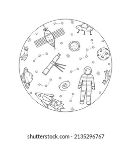 Cosmos doodle is a set of vector illustrations in the circle. Icons of space elements rocket cosmonaut stars satellite telescope comet.