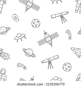 Cosmos doodle is a set of vector illustrations. Seamless pattern icons of space elements rocket cosmonaut stars satellite telescope comet.