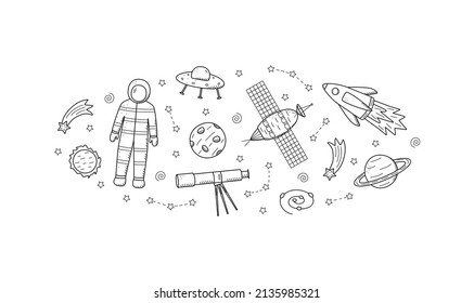 El doodle Cosmos es un conjunto de ilustraciones vectoriales. Iconos de elementos espaciales cohetes estrellas de cosmonauta telescopio satélite cometa.